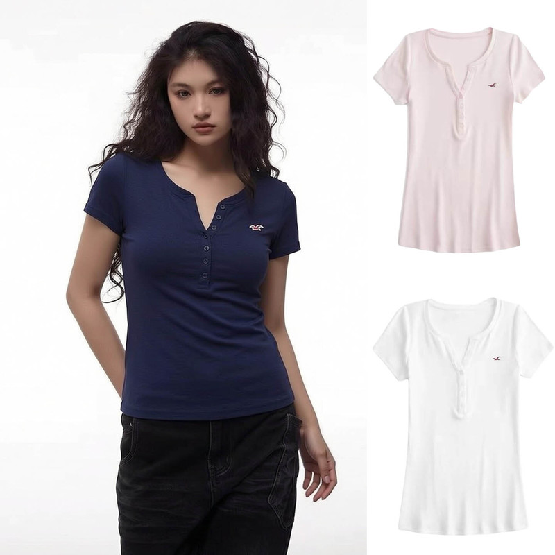 【Early Spring New Arrival】Little Seagull Classic Henry Collar Short Sleeve Red Label Embroidered Stretch Slim Fit Hot Girl T-Shirt Base Layer
