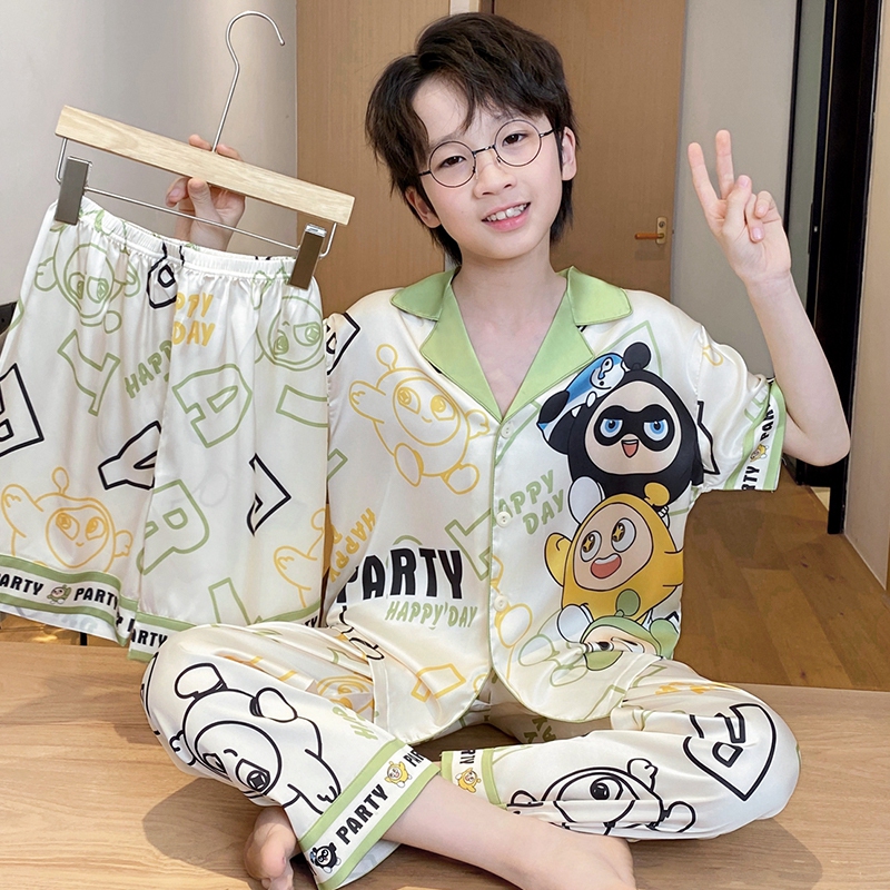 Egg Party Children's Pajamas Ice Silk Short-Sleeved Long Pants Boys' Home Wear Summer Cartoon Big Kids Air-Conditioned Clothing