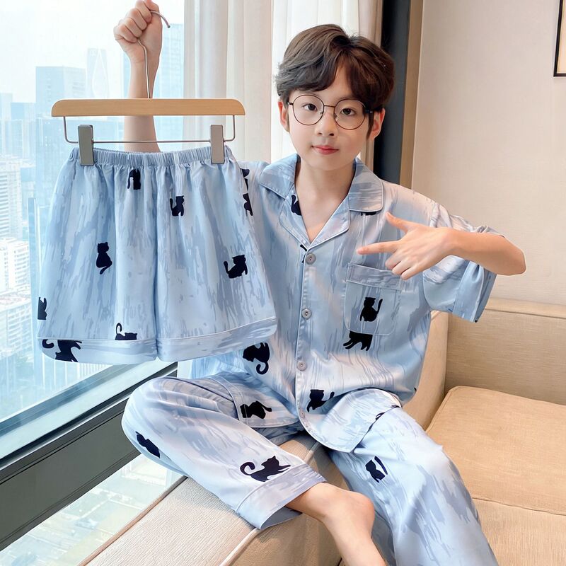 Ice Silk Children's Pajamas for Boys, Summer Short-Sleeve Long Pants Three-Piece Set, High-End Feel, Cool Youth Loungewear Set