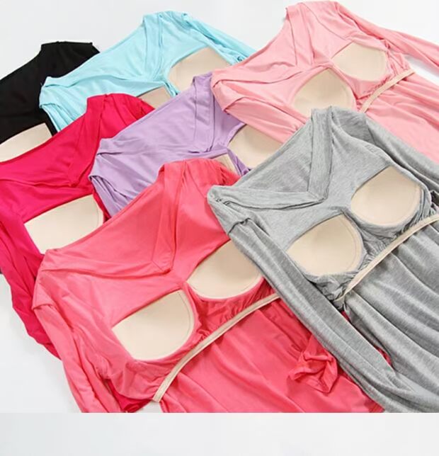 Nữ Modal pad pad áo thun top bra cup một bộ đồ ngủ giản dị dài tay mùa thu quần áo cotton đáy quần lót bộ đồ ngủ 2 dây