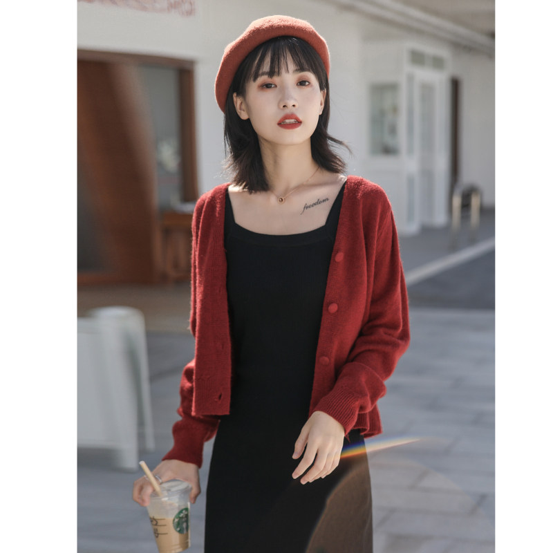 Retro Western style brick red sweater jacket Lazy wind knitted cardigan V-neck single-breasted short spring and autumn new style