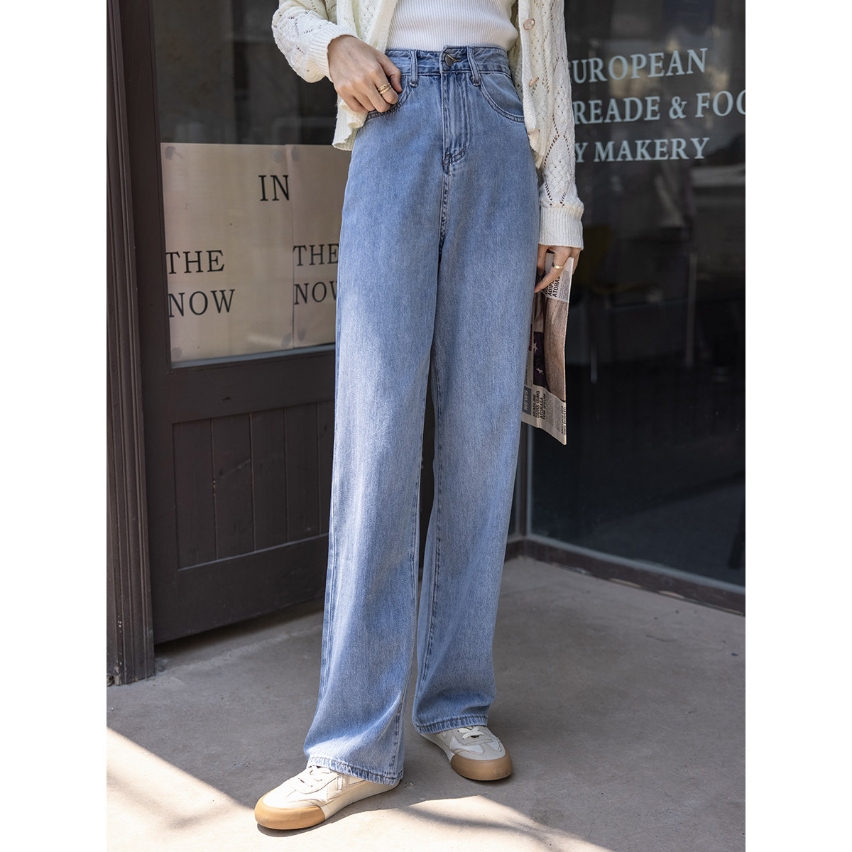 Light blue high waist denim wide pants women's 2022 spring and autumn new straight loose thin mopping pants small