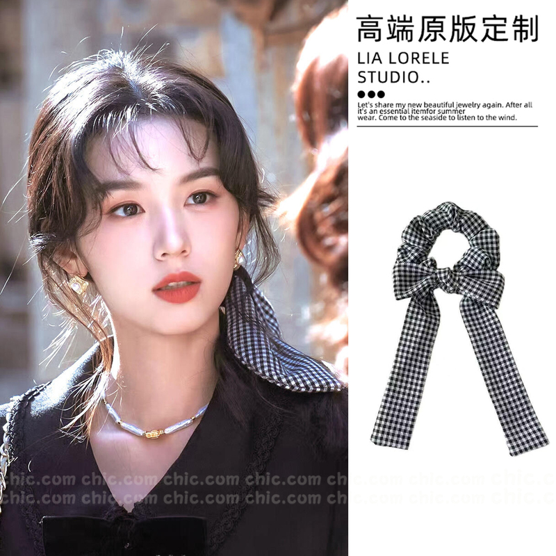 Hello 1983 Zhou Ye Xiaoxian Same Style Plaid Hair Tie 2026 New High-End Hong Kong Style Retro Hair Rope Hair Tie