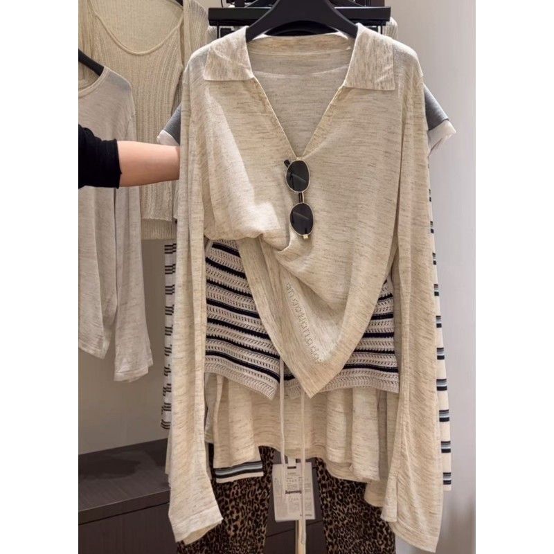 Summer Korean Style Lazy Two-Piece Set Polo Collar Thin See-Through Sun Protection Knit Top + Striped Casual Shorts Set for Women Summer Korean Style Lazy Two-Piece Set Polo Collar Thin See-Through Sun Protection Knit Top + Striped Casual Shorts Set for Women