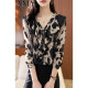 2022 autumn new careful machine exposed collarbone V-neck chiffon shirt loose printing thin long-sleeved top women's thin