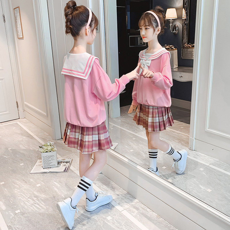Girls' net red suit spring and autumn foreign style children's JK uniform fashionable middle and large children's college style two-piece girl skirt set