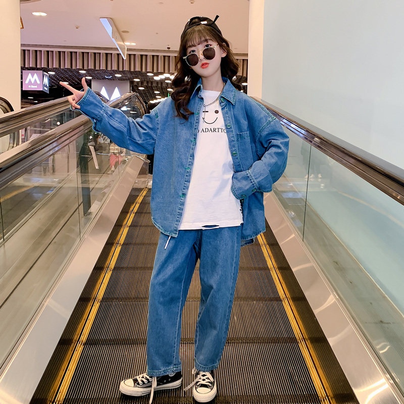 Girls denim suit spring and autumn 2022 new middle and big children's women's clothing fashionable loose spring two-piece Korean style foreign style