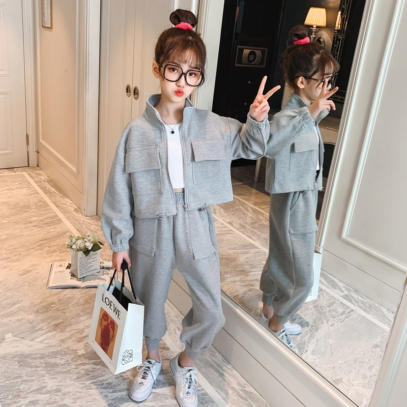 Girls Spring and Autumn Suit 2022 New Korean Version Medium and Large Children's Western-style Jacket Casual Sports Pants Net Red Two-piece Set