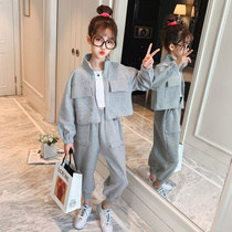 Girls spring and autumn suits 2022 new Korean version medium and large childrens foreign style jacket casual sports pants net red two-piece suit