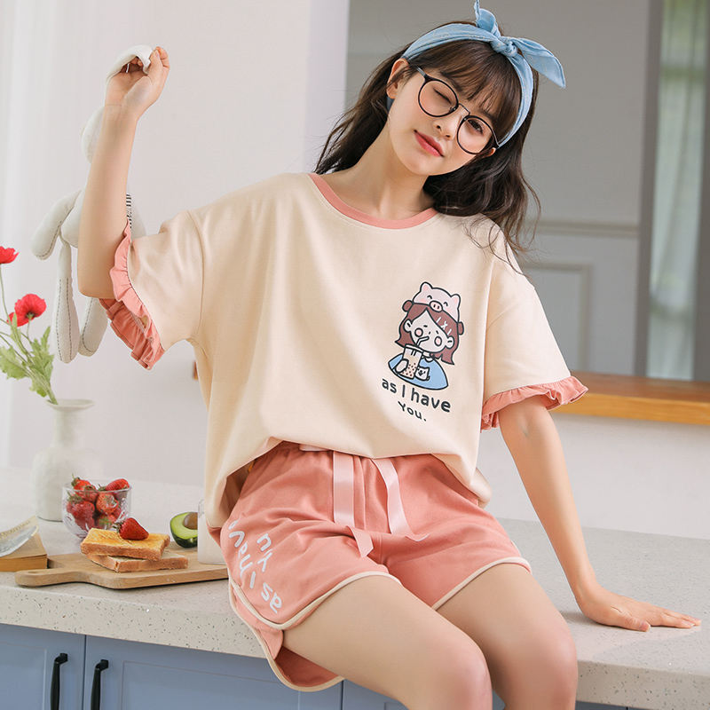 Bộ đồ ngủ nữ mùa hè cotton ngắn tay áo model mỏng có thể mặc quần áo nhà hai mảnh bộ mùa hè in quần áo nhà sinh viên thủy triều.