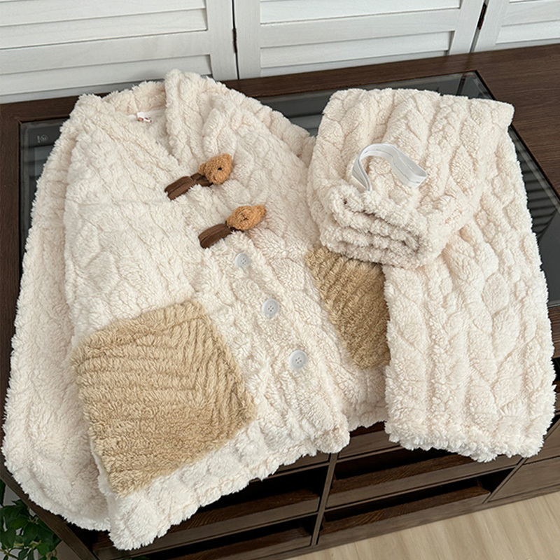 Coral Fleece Maternity Wear for Autumn and Winter, Bear-Themed Postpartum and Pregnancy Thickened Fleece Nursing Loungewear Set