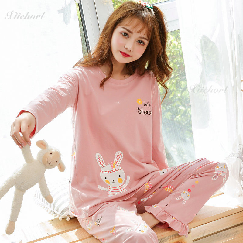 Sleepwear Lady Spring Autumn Season Pure Cotton Long Sleeves 2021 New Lady Cartoon Cute Home Suit Can Go Out Suit Summer