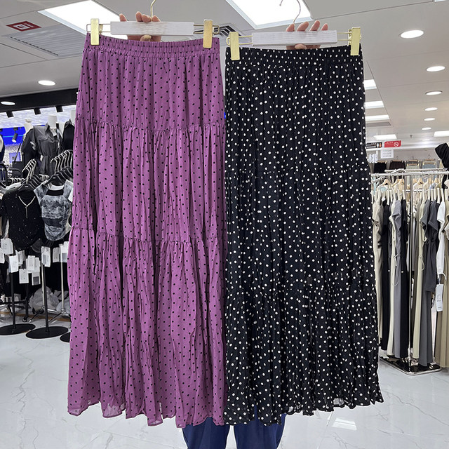 Retro polka dot chiffon pleated full skirt