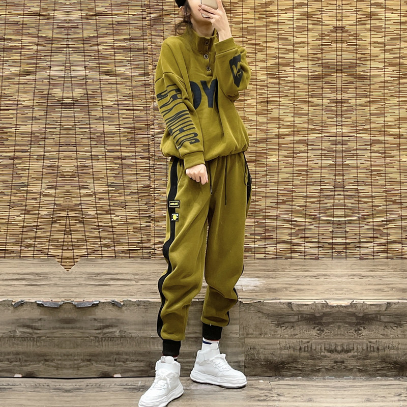 2021 large size slim thin section thick cotton T-sweatpants suit female bat sleeve blouse Harun pants casual sports two-piece suit