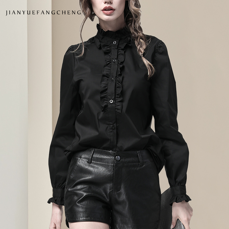 European Style Spring Black Ruffled Stand-Up Collar Long-Sleeve Shirt for Women, Ol Professional Base Shirt, Waist-Cinching Unique Top