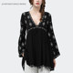 European station large size belly-covering foreign style small shirt long-sleeved fashion spring new embroidered black v-neck top mid-length