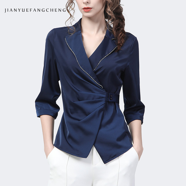 European goods suit collar satin western-style shirt jacket women's three-quarter sleeves waist cross V-neck bottoming shirt top coat