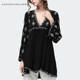 European station large size belly-covering foreign style small shirt long-sleeved fashion spring new embroidered black v-neck top mid-length