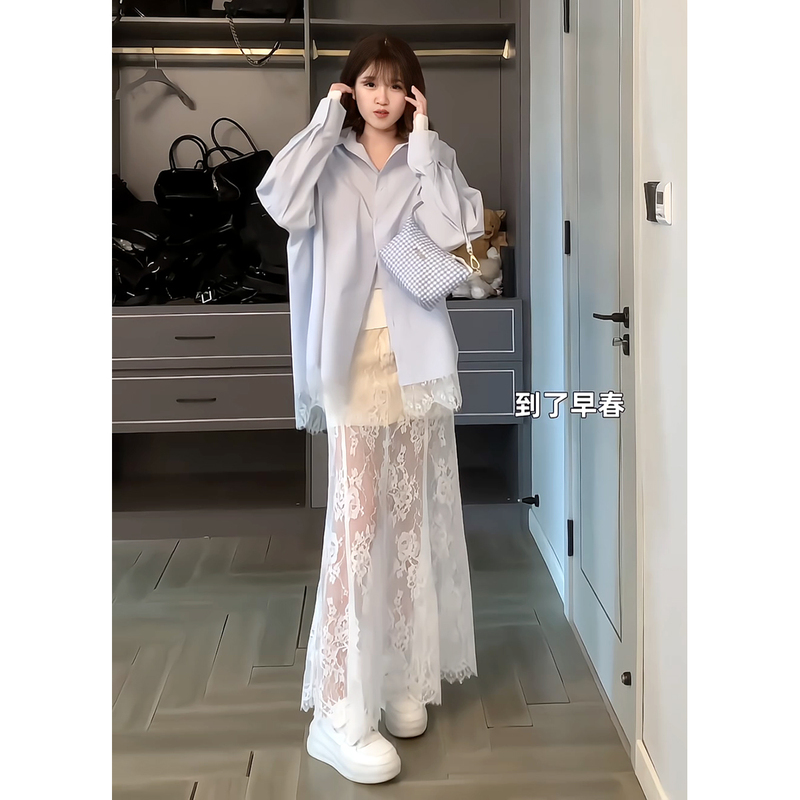 2025 Spring Age-Reducing Design Niche Retro Lace Patchwork Shirt + High-Waisted Hip-Hugging Lace Long Skirt for Women