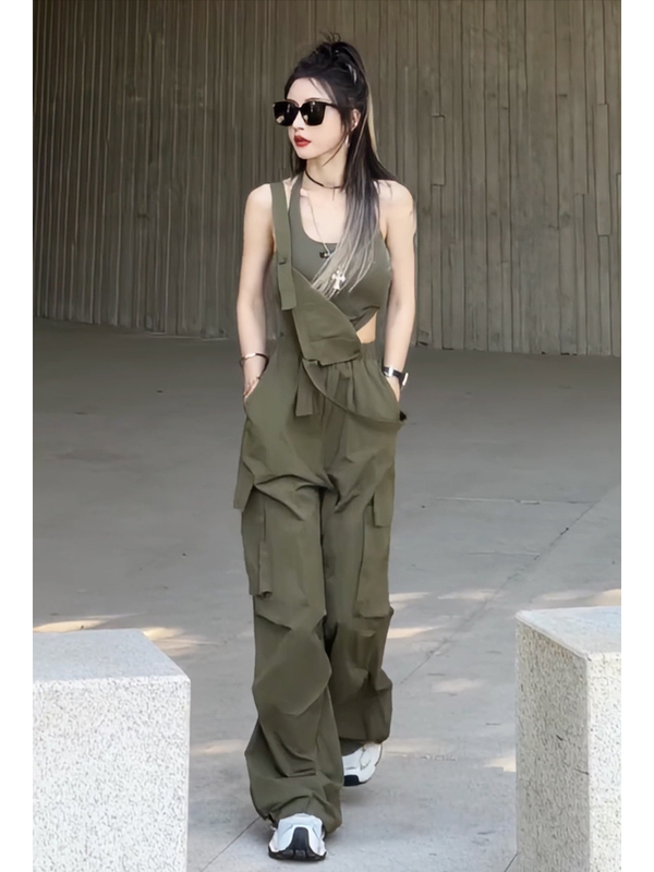 Trendy and Unique American-Style Casual Overalls for Women, 2025 Summer High-Waisted Loose Wide-Leg Pants