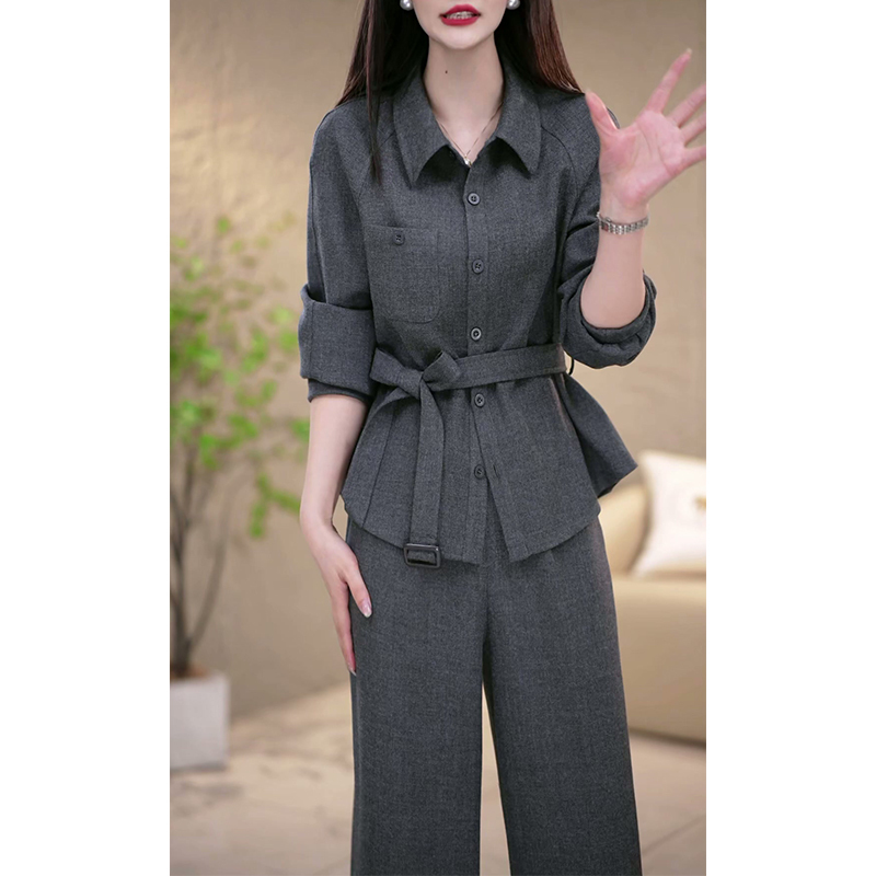 Elegant Polo Collar Long-Sleeve Waist-Cinching Two-Piece Set for Women 2026 Spring and Autumn New Style Mom Solid Color Casual Wide-Leg Pants Suit Elegant Polo Collar Long-Sleeve Waist-Cinching Two-Piece Set for Women 2026 Spring and Autumn New Style Mom Solid Color Casual Wide-Leg Pants Suit