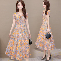 Short sleeve one-piece dress Women Summer 2022 new body Slim Temperament goddess Van V led over a knee printed long skirt
