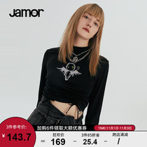 Jamor2021 autumn new print pattern short long sleeve T-shirt female black wild slim top