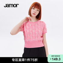 Jamor spring summer sweet short - sleeved sweater thin waist - and low - collar knitting shirt rose red