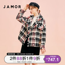 Jamor Spring Autumn new simple retro plaid woolen coat women elegant sweet short warm coat