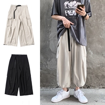 Rump handsome mens pants ankle-length pants Tide brand loose Joker rope leg wide leg pants trend ins harbor wind overalls pants