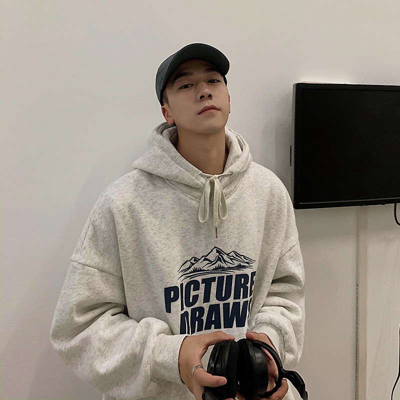 Men's sweater plus velvet thick autumn and winter hooded ins tide brand oversize niche high street winter men's jacket