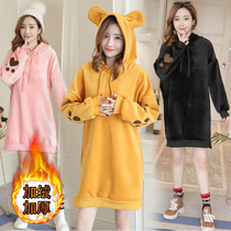 Pregnant women winter dress plus velvet padded dress double velvet golden velvet cartoon sweater autumn winter hooded top size