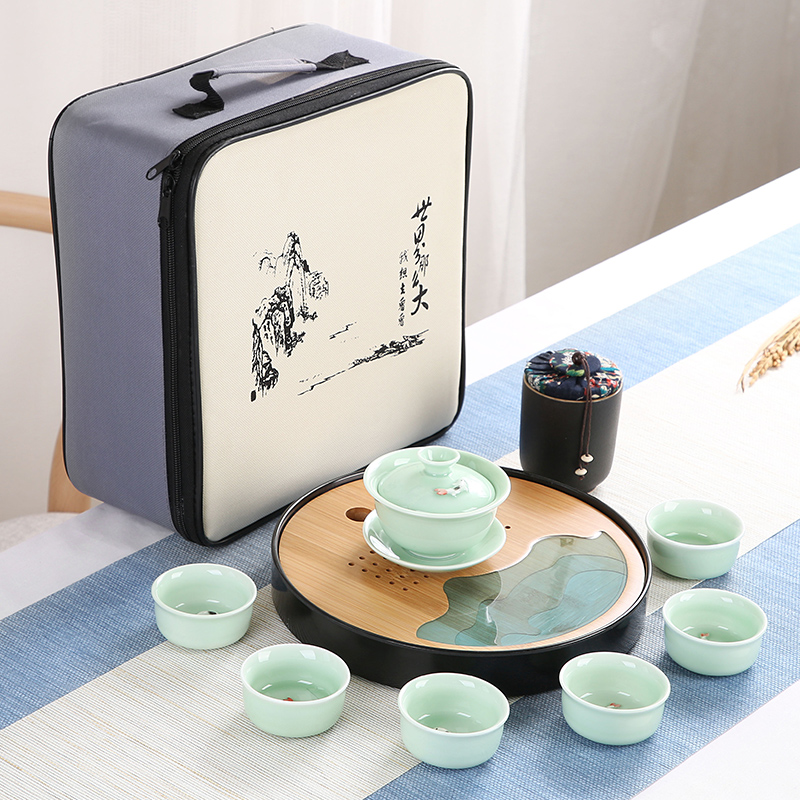 Sand embellish celadon ceramic tea set household contracted Japanese office travel small round tray is suing portable package