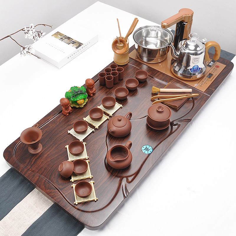 Sand embellish ceramic tea set household ice crack kung fu tea tea set solid wood tea tray automatic induction cooker
