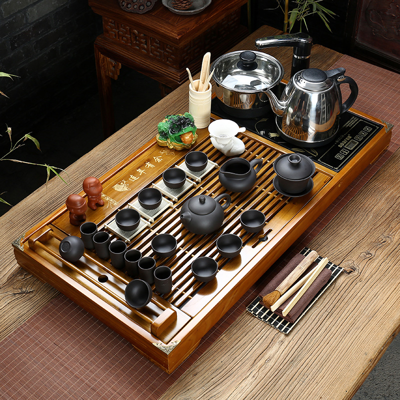 Sand embellish ceramic purple Sand tea set ice crack kung fu tea set a complete set of four solid wood tea tray and induction cooker