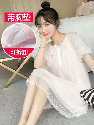 Pajamas with chest pad pajamas women Summer suspenders cotton lace mesh nightgown Women summer short sleeve Princess wind loose can be worn outside