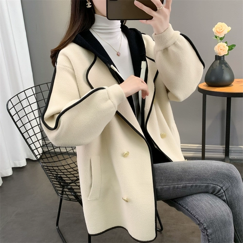 Трикотажное шерстяное пальто, модная куртка, демисезонный комплект с капюшоном, костюм, кардиган, средней длины