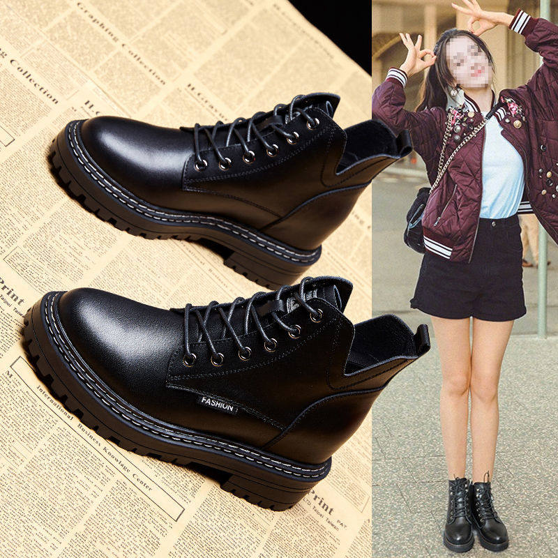 Damp inside heightening Martin boots woman 2020 new autumn and winter Inn wind thick bottom single boot plus suede genuine leather casual short boot