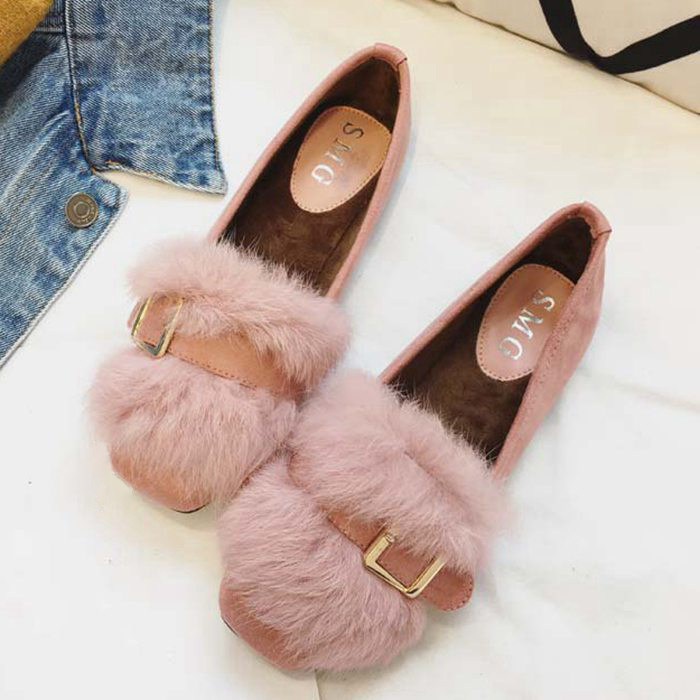 Europe station 2020 autumn and winter new large size women's shoes plus suede warm fur shoes shallow mouth square head flat heel flat shoes