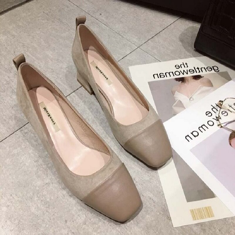 Europe station 2022 Summer new square head light mouth genuine leather coarse heel single shoe woman fashion 100 hitch OL career high heel shoes