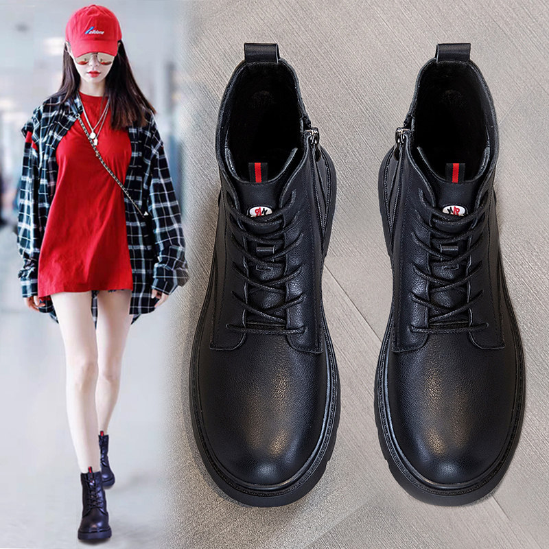 Tide Cards Big Size Women Shoes 41 1 43 Autumn Winter Martin boots Women Inn Wind Short boots genuine leather 100 hitch flat bottom plus suede boots