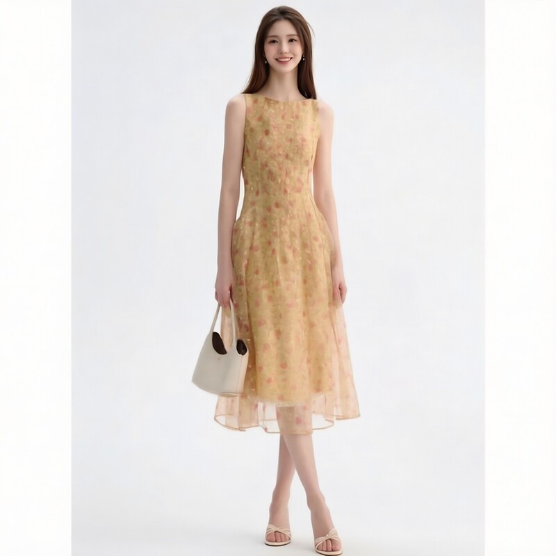 Langyu Ziyun French-Style Boat Neck Slim-Fit Waist-Cinching Sleeveless Floral Dress for Women, New Summer 2026 Dress