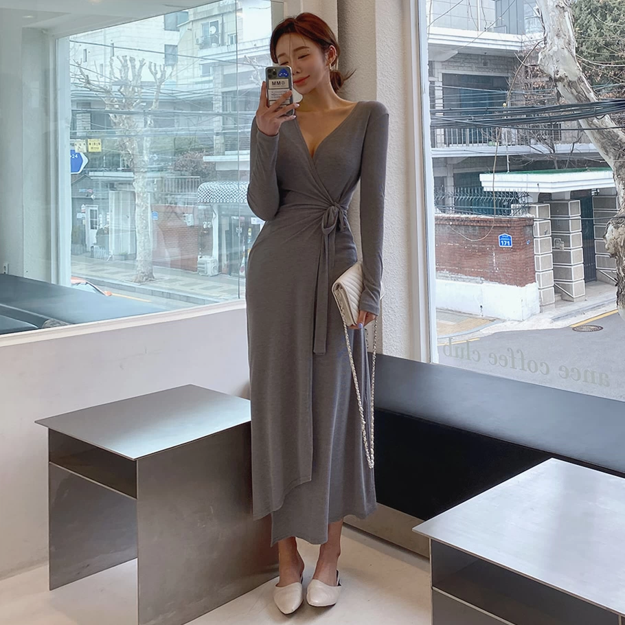 Spot South Korea Dongdaemun Womens Fall 2021 New Slim Ren Up Eo Dress Long Trendy ms - váy đầm
