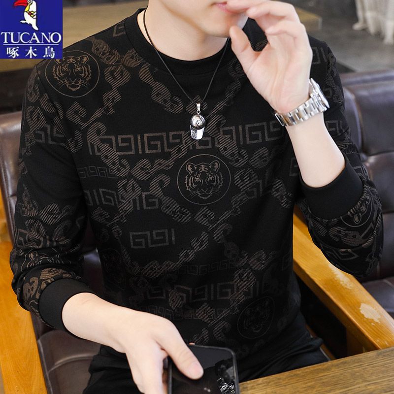 Woodpecker Sweatshirt for Men, Spring and Autumn Outerwear, Trendy European Style, Tiger Head Jacquard, Casual Long-Sleeve T-Shirt, Versatile Top