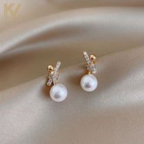 Natural freshwater pearl stud earrings 2021 New Tide bow earrings female sterling silver senior sense light luxury temperament earrings