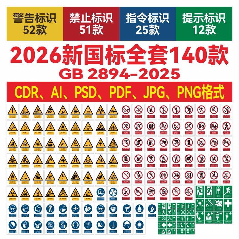 2026 New National Standard Safety Sign Material Set, New Version Warning Signs, Cdr Vector Material, Ai Vector Graphics