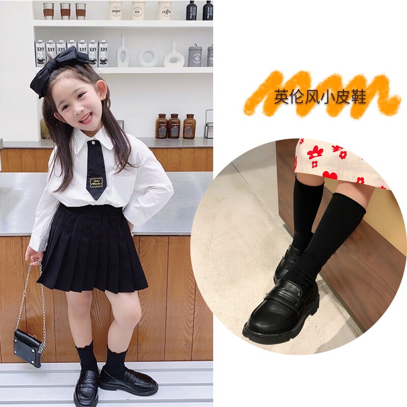 Children Yinglun College Wind Small Leather Shoes Spring Autumn Girls Single Shoes Lefu Shoes Black Baby Foreign Pie 100 Hitch Casual Shoes