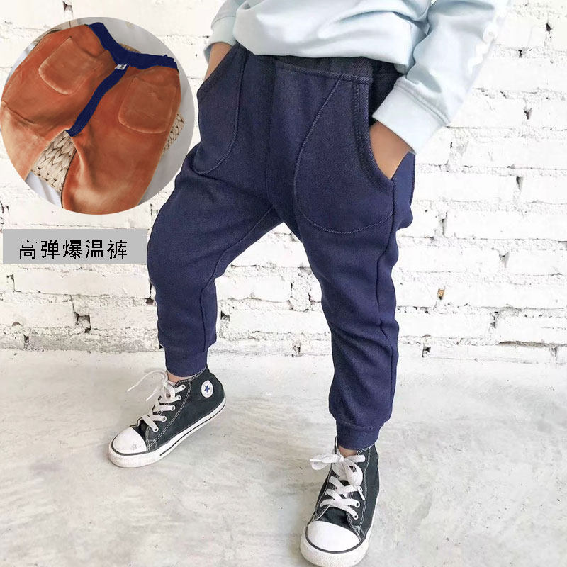 CHILDREN PANTS WINTER MALE GIRL GIRL DENIM EXPLOSIVE WARM PANTS PLUS SUEDE THICKENED CASUAL SPORTS PANTS BABY FOREIGN WARM LONG PANTS