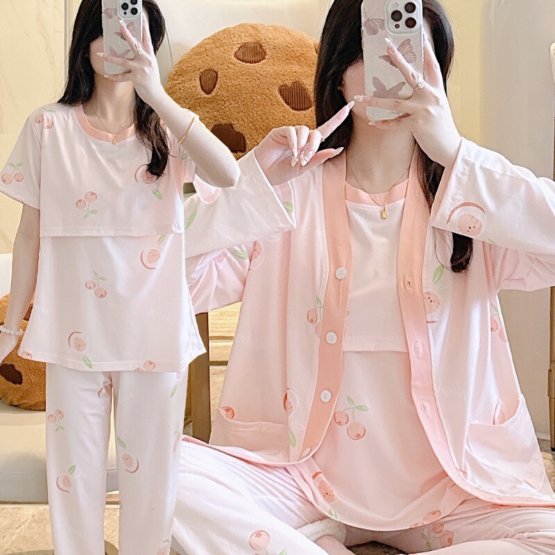 Postpartum Clothing Spring and Autumn Cotton Three-Piece Set for Breastfeeding, Maternity Pajamas, Summer Thin Style, Special for Nursing Mothers