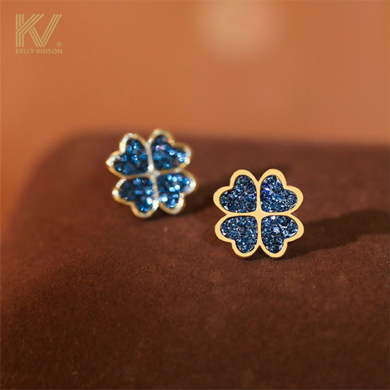 Insert Drilling Lucky Four Leaves Grass Ear Nail Female small crowdDesign High sense Klein Blue Earrings Temperament Pure Silver Ear Ornaments